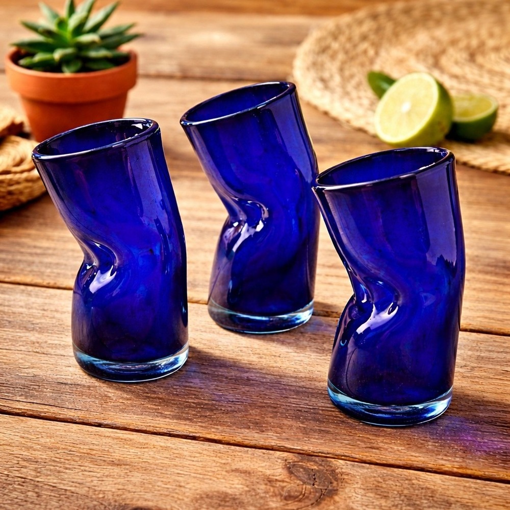 Hand Blown Cobalt Blue Art Glass Tumblers Set 3‎ Twisted Mexican Drunken Glasses